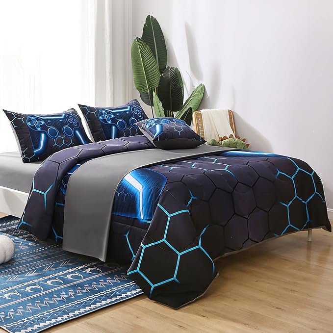 JQinHome Queen Gamer Comforter Set,6 Piece Bed in A Bag 3D Video Game Bedding -All Season Down Alternative Gamer Bedding Sets - (Blue Game Controller) - LeafyLoom