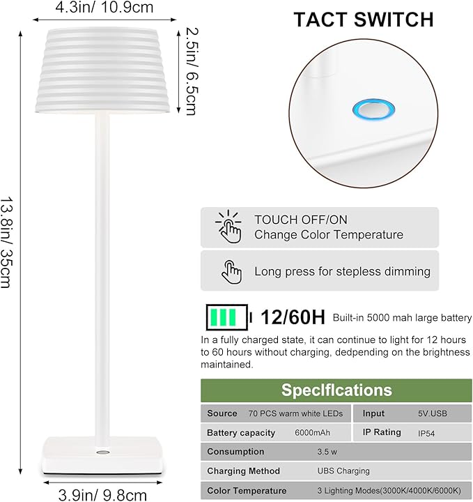 Rechargeable Cordless Table Lamp, Battery 5000mAh Metal Aluminum Housing USB LED Portable Powered Desk Lamp, 3 Levels Brightness Night Light for Restaurants Bars Outdoor (White) - LeafyLoom