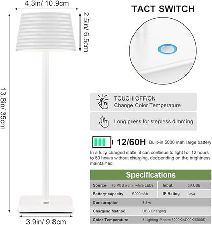 Rechargeable Cordless Table Lamp, Battery 5000mAh Metal Aluminum Housing USB LED Portable Powered Desk Lamp, 3 Levels Brightness Night Light for Restaurants Bars Outdoor (White) - LeafyLoom