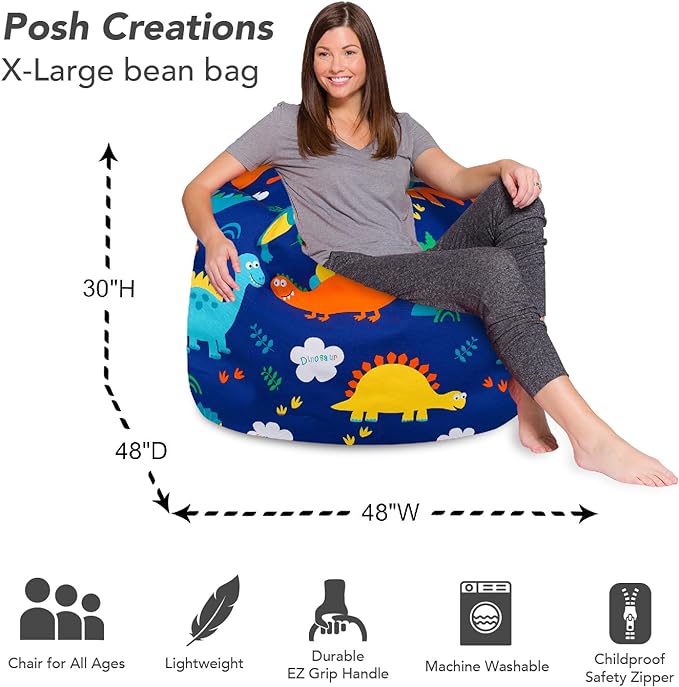 Posh Creations Bean Bag Chair for Kids, Teens, and Adults Includes Removable and Machine Washable Cover, Canvas Dinos on Blue, 48in - X-Large - LeafyLoom