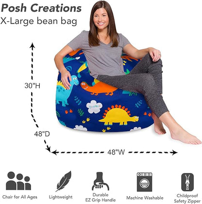 Posh Creations Bean Bag Chair for Kids, Teens, and Adults Includes Removable and Machine Washable Cover, Canvas Dinos on Blue, 48in - X-Large - LeafyLoom