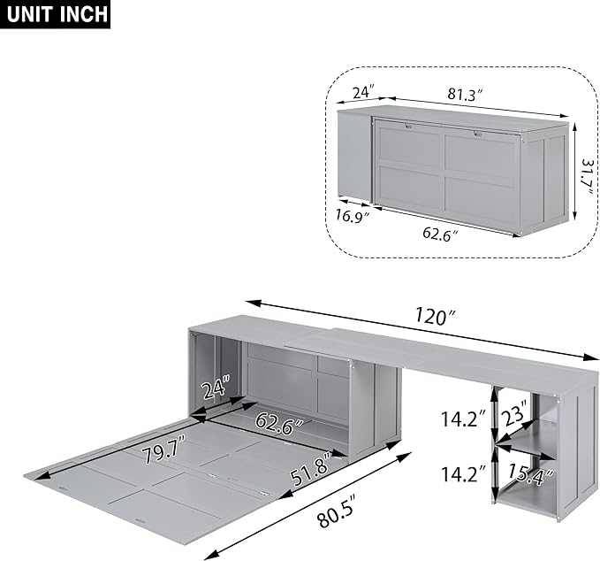 Wooden Queen Murphy Bed Frame with Rotable Desk and 2 Storage Shelves, Suitable for Small Bedrooms, Studio Apartments, and Multi-functional Rooms, Space Saving, Gray - LeafyLoom