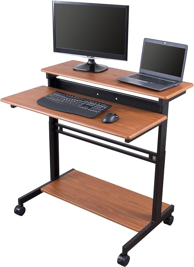 Stand Up Desk Store Rolling Adjustable Height Two Tier Standing Desk Computer Workstation (Black Frame/Teak Top, 40" Wide) - LeafyLoom