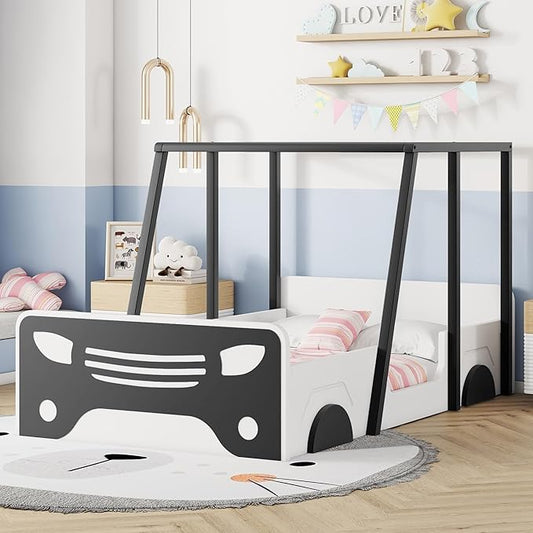 Toddler Twin Size Car Bed with Roof & Door,Wooden Car-Shaped Floor Bedframe W/Safety Guardrail,Racecar Design,Easy Assembly,Montessori Inspired Bedroom Furniture for Boys Kids Teens,Black - LeafyLoom