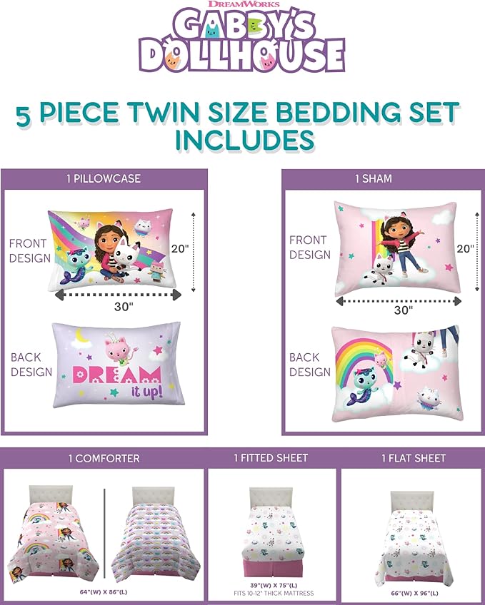 Franco Gabby's Dollhouse Kids Bedding Super Soft Comforter and Sheet Set with Sham, 5 Piece Twin Size, (Officially Licensed Product) - LeafyLoom