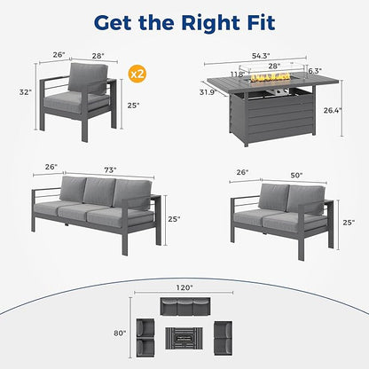 Wisteria Lane 5 Piece Aluminum Outdoor Patio Furniture Set with 54 Inch Propane Gas Fire Pit Table, Modern Patio Conversation Sets with Outdoor Sectional Couch for Backyard, Garden, Dark Grey - LeafyLoom