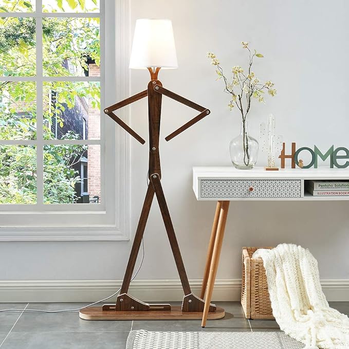 Cool Decorative Tall Floor Lamp Wood Swing Arm Standing Corner Reading Lights for Kids Bedroom Living Room Farmhouse - LED Bulb Included (Teak) - LeafyLoom