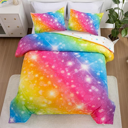 Holawakaka Girls Ombre Glitter Comforter Set, Twin Size Gradient Rainbow Galaxy Print Kids Bedding Sets, Multi-Color Ultra-Soft Dorm Bed Set (Multi-color,Twin) - LeafyLoom