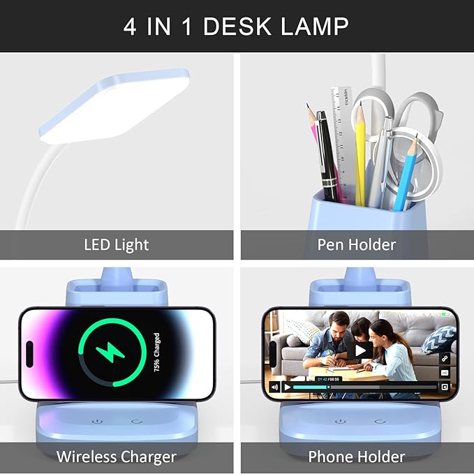 LED Desk Lamp for Home Office, Touch Table Lamp with Wireless Charger 3 Color Modes 360 Adjustable Arm, Dimmable Desk Light with Pen Phone Holder for College Dorm Room, Blue - LeafyLoom