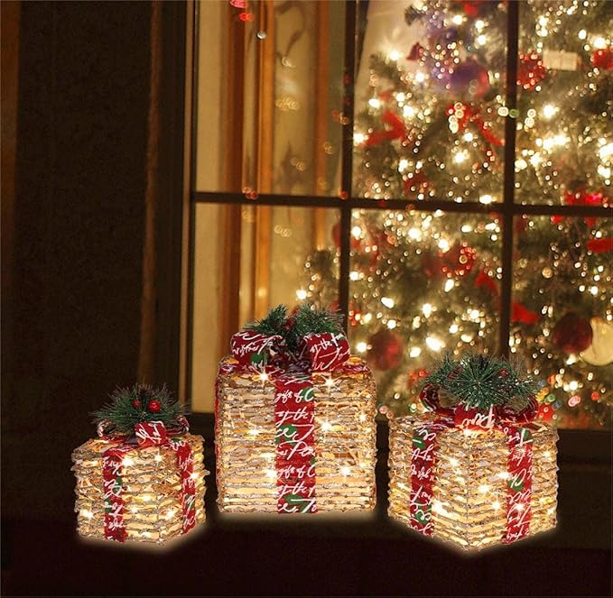 [Large 10"x8.5"x7" Christmas Set of 3 Lighted Rattan Gift Boxes Decorations Pre-lit 70 Super-Bright LED with Flashers,for Indoor Outdoor Pathway Holiday Party Home(Warm White) GLOWNOVA