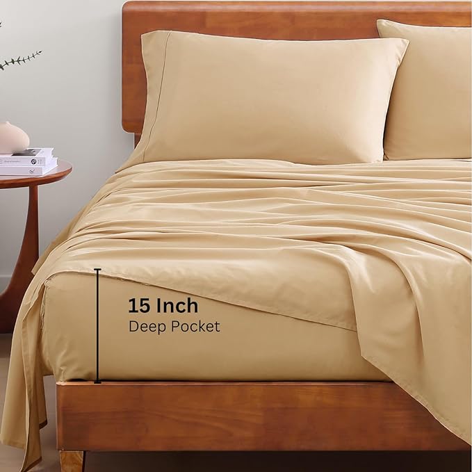 LANE LINEN 100% Organic Cotton Twin XL Sheets Set 3-Piece Pure Percale Soft Bedding Breathable Fits Mattress Upto 15" Deep - Linen - LeafyLoom