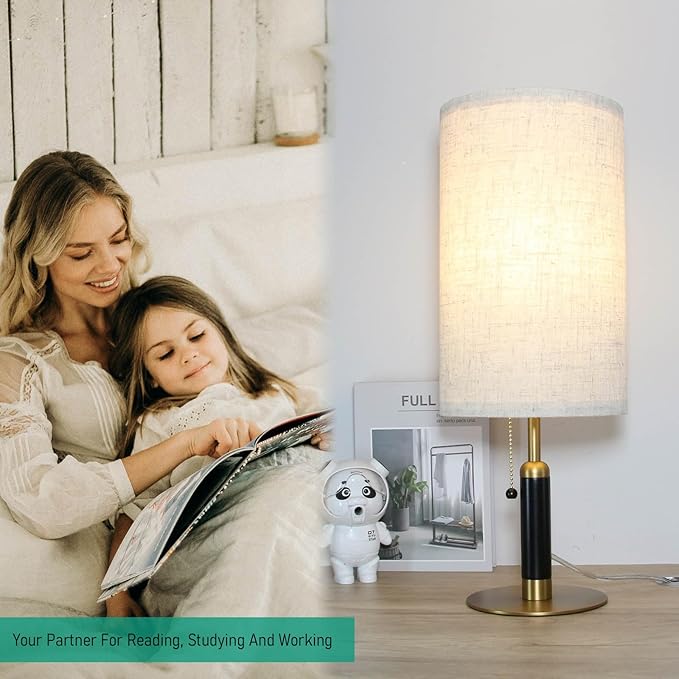 3-Color Temperatures Bedside Table Lamp for Nightstand Living Room Lamps for Bedroom Wood Fabric Pull Chain Switch Small Desk Lamps Home Office End Table Room Decor (Light Brown+Brass) - LeafyLoom