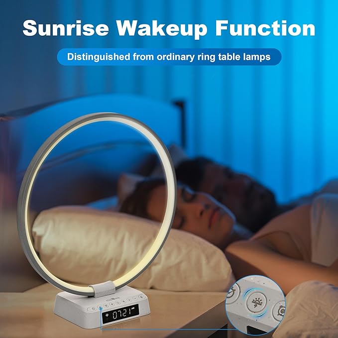 Light Alarm Clock Wake up Light Bioclock Adjustment Sunrise Alarm Clock Awakening lamp Bedside lamp Table lamp Nightstand Lamp Aureole Ring Light - LeafyLoom