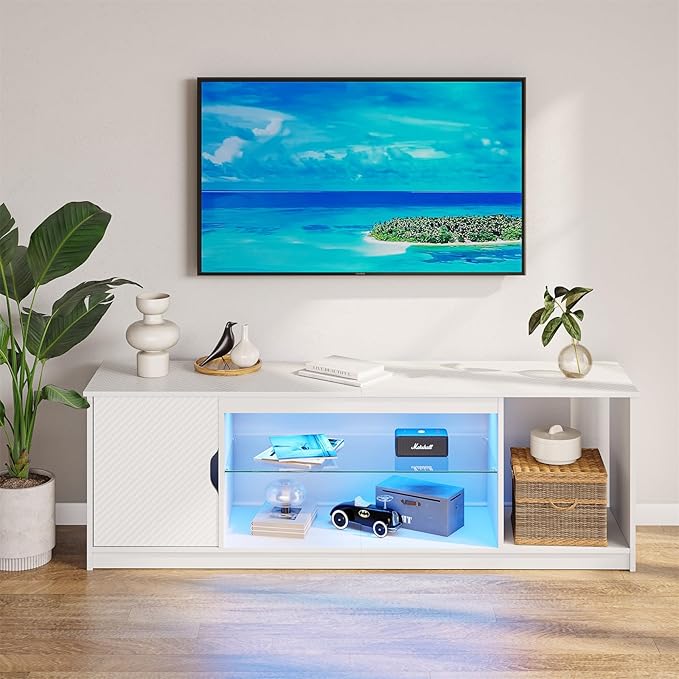 Bestier Gaming TV Stand with Removable Glass Shelves for 55/60/65 Inch TV,Led Entertainment Center & 22 Dynamic RGB Modes for PS5 PS4,Modern TV Console for Living Room Bedroom Carbon Fiber White - LeafyLoom