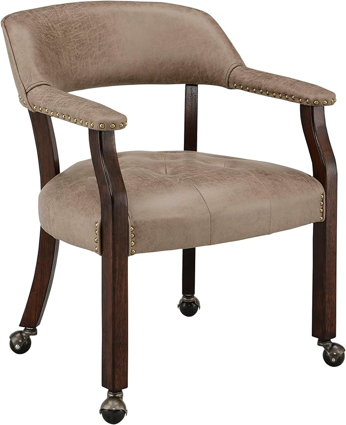 Large Dining Chairs with Casters and Arms, Rolling Dining Chairs with Wheels, Accent Wood Boss Caption's Chairs, 26" D x 25.2" W x 31.5" H, Espresso Legs & Yellowish Brown Fabric SY-318-LT - LeafyLoom