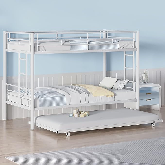 VECELO Twin Over Twin Bunk Bed with Trundle, Metal Bunkbeds with Ladder and Full-Length Guardrail, Noise Free, No Box Spring Needed, Off White - LeafyLoom