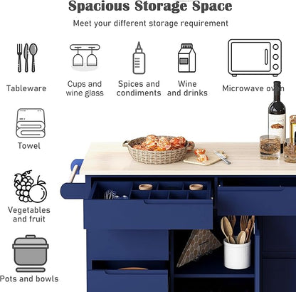 Kitchen Island with Storage, Rolling Table on Wheels w/Handle-Free Drawers Including a Flatware Organizer for Dinning Room, Rubber Wood Contertop - LeafyLoom