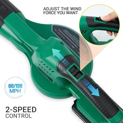 20V Cordless Leaf Blower with Battery and Charger, Leaf Blower Battery Operated, Rechargeable Electric Handheld Leaf Blower Variable Speed with 2 Tubes for Patio, Leaves Blowing-Green - LeafyLoom