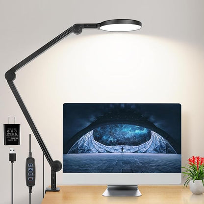 Desk Lamp with Clamp, Long Clip on Lights for Home Office, 3 Modes x 10 Brightness, Swing Arm Desk Clamp Task Table Lamps with Adapter, Black - LeafyLoom