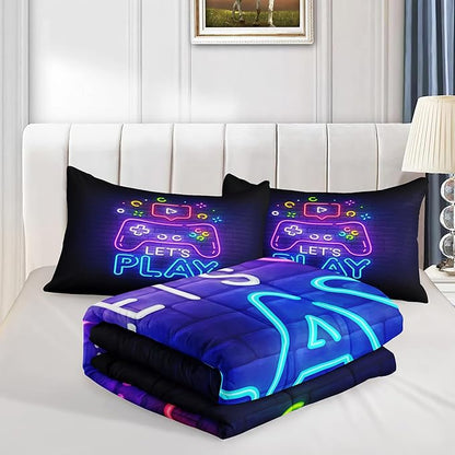 6 PCS Gamer Queen Comforter Sets,Queen Purple Bedding Sets for Boys,Gaming Comforter Set,Queen Size Bedding Sets for Boys,Bed in A Bag with Sheets(Queen,Purple Color) - LeafyLoom