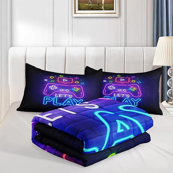 6 PCS Gamer Bedding Sets,Purple Gaming Comforter Set for Boys,Kids Bedding Sets for Boys,Full Size Bedding Sets for Boys,Bed in A Bag with Sheets(Full,Purple Color) - LeafyLoom