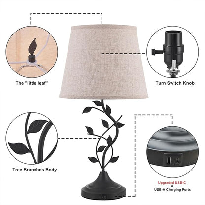 Kakanuo USB Charging Bedside Nightstand Lamp for Living Room and Bedroom - Traditional Tall Retro Desk Lamp with USB-A and USB-C Ports - LeafyLoom