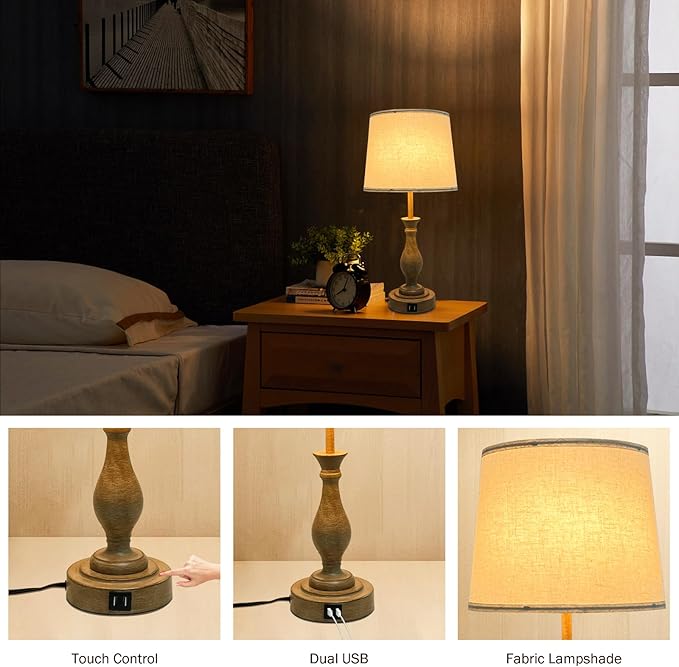 Farmhouse Table Lamp Touch Control 3-Way Dimmable Table Lamp, Modern Nightstand Lamp with 2 USB Port Bedside Desk Lamp with Fabric Shade for Living Room Bedroom Hotel (Pack-01A) - LeafyLoom