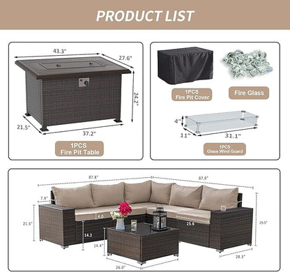 Kullavik 7 Pieces Outdoor Patio Furniture Set with 43" 55000BTU Gas Propane Fire Pit Table PE Wicker Rattan Sectional Sofa Patio Conversation Sets,Khaki - LeafyLoom