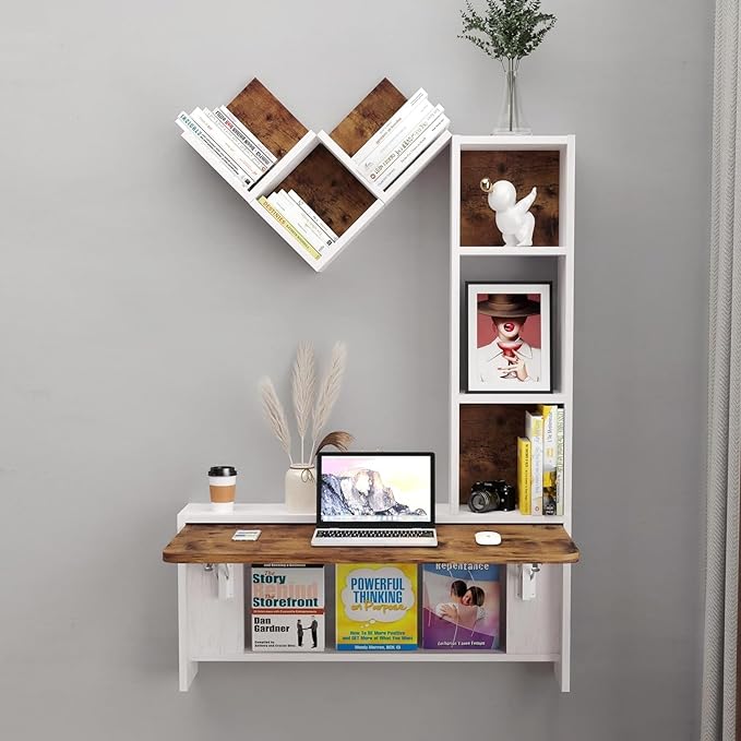 Folding Wall Mounted Drop Leaf Table, Foldable Desk with Moveable Cabinets, Floating Laptop with Convertible Storage Shelves, Multifunctional Computer Workstation in Home for Space Saving - LeafyLoom