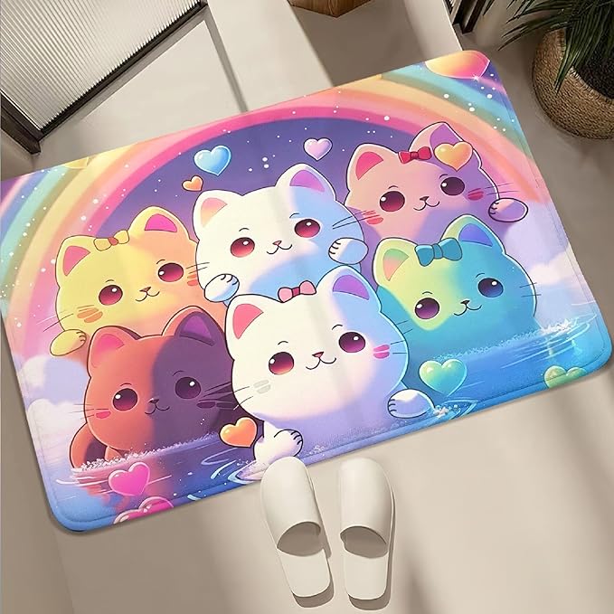 Rainbow Cat Rug for Girls - Colorful Cat Rug for Kids Bedroom Cute Cartoon Cat Pattern Rug Lovely Cat Rugs Room Decor Anime Cat Area Rug, 2x3 Feet - LeafyLoom