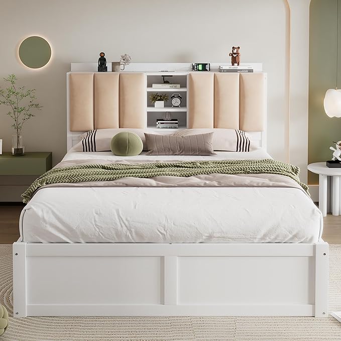 Wood Full Size Platform Bed with Storage Headboard and 4 Drawers, White - LeafyLoom