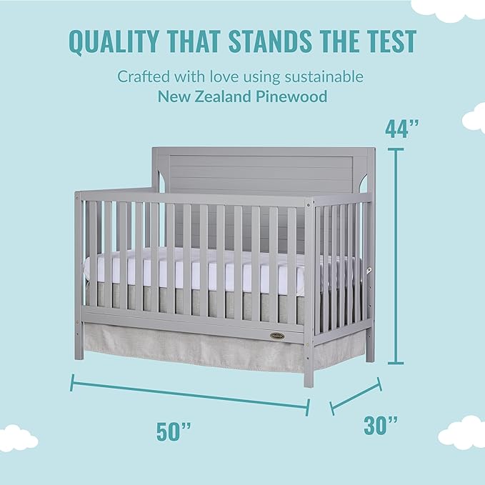 Cape Cod 5-In-1 Convertible Crib In Pebble Grey, Greenguard Gold And JPMA Certified, Built Of Sustainable New Zealand Pinewood, 3 Mattress Height Positions - LeafyLoom