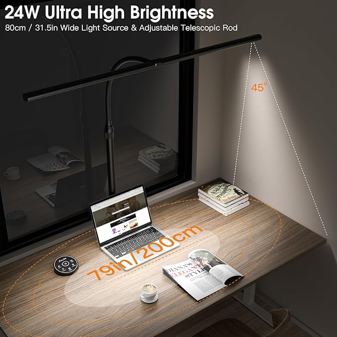 Desk Lamp for Home Office, Desk Light with Remote Control, Monitor Light with Telescopic Rod, Gesture Sensing Office Lamp, Architect Desk Lamp, Adjustable Brightness & Color Temperature, 24W - LeafyLoom