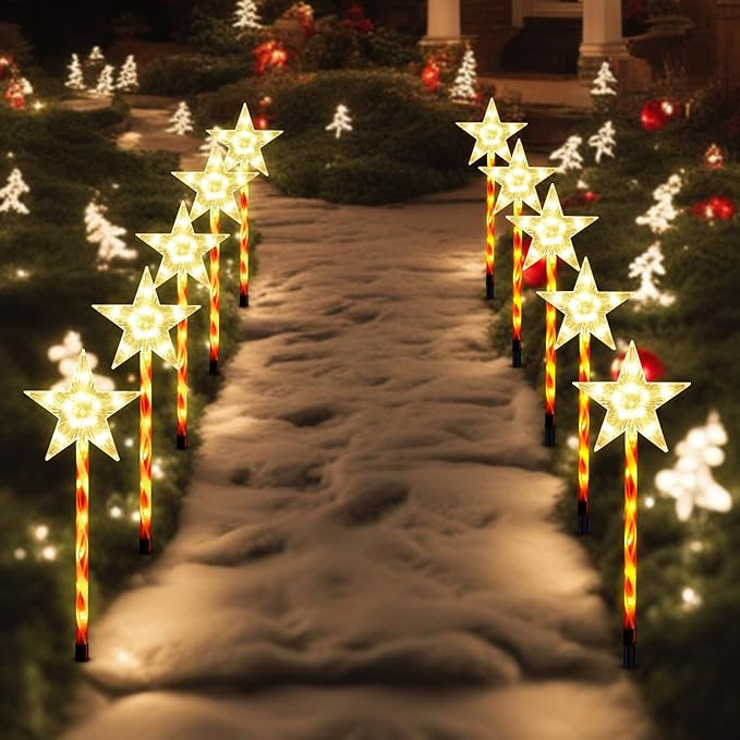 Solar Christmas Pathway Lights Outdoor Decorations, 8 Modes Star Candy Lights Waterproof Led Garden Stake Lights for Walkway Yard Lawn Porch Holiday Decor 5-Pack (Warm White Star Lights) BRIGHTDECK