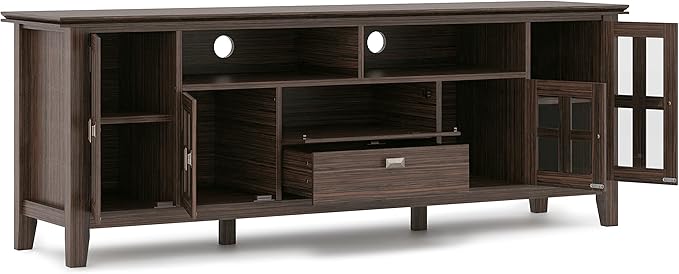 SIMPLIHOME Artisan SOLID WOOD Universal TV Media Stand, 72 inch Wide, Transitional, Living Room Entertainment Center, Storage Cabinet, for Flat Screen TVs up to 80 inches in Farmhouse Brown - LeafyLoom