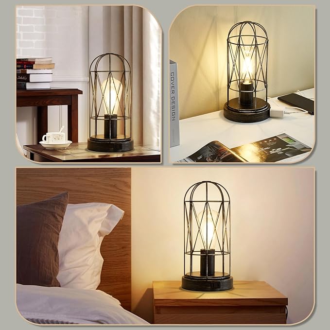 Small Touch Table Lamp Set of 2, 3 Way Dimmable Industrial Bedside Lamp with AC Outlet Rustic Steampunk Nightstand Lamp for Bedroom Living Room Office, LED Bulb Included - LeafyLoom