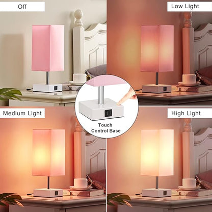 Ambimall Touch Control Table Lamp with 2 USB Charging Ports, 3 Way Touch Lamps Beside Desk, Nightstand Lamp for Bedrooms Living Room, Pink Shade with White Base, LED Bulb Included(Pink) - LeafyLoom