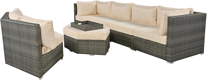 6 Piece Outdoor Patio Furniture Set Conversation Sofa, All Weather Wicker L shaped Sectional Couch with Ottoman, Small Trays and Removable Cushions, for Garden Backyard, Beige - LeafyLoom