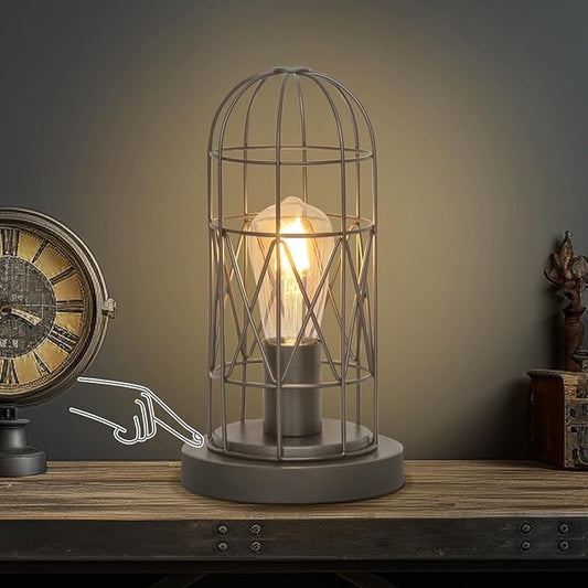 Small Industrial Lamp, Touch Control 3 Way Dimmable Table Lamp, Rustic Iron Steampunk Edison Lamp Vintage Nightstand Lamp Bedside Light for Bedroom Living Room, Corner, Hallway, LED Bulb Included - LeafyLoom