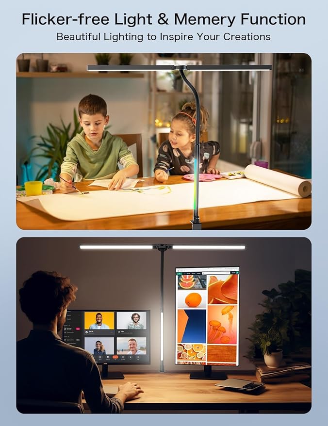 LED Desk Lamp with Clamp,Architect Desk Lamp for Home Office,24W Ultra Bright with RGB Atmosphere Lighting,Remote Control,5 Color Modes & 5 Dimmable Eye Protection for Monitor Studio Reading - LeafyLoom