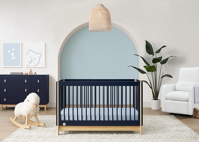 Delta Children babyGap Tate 4-in-1 Convertible Crib + Brannan Bear Bookcase with Bins + Brannan Bear Wall Shelf with 4 Hooks, Navy/Natural (Bundle) - LeafyLoom