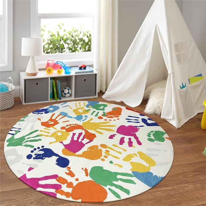 Large Round Rug for Classroom 6 Ft, Colorful Circle Rug for Nursery, Washable Kids Rug for Playroom, Soft Circular Carpet Handprints and Footprints Play Mat for Kids Bedroom Toy Room - LeafyLoom