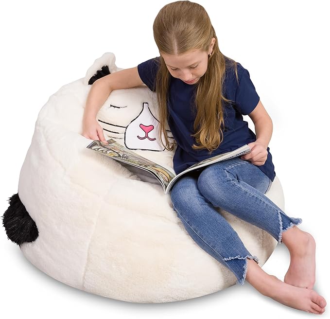 Posh Creations Cute Soft and Comfy Bean Bag Chair for Kids, Large, Animal - Ivory Cat - LeafyLoom