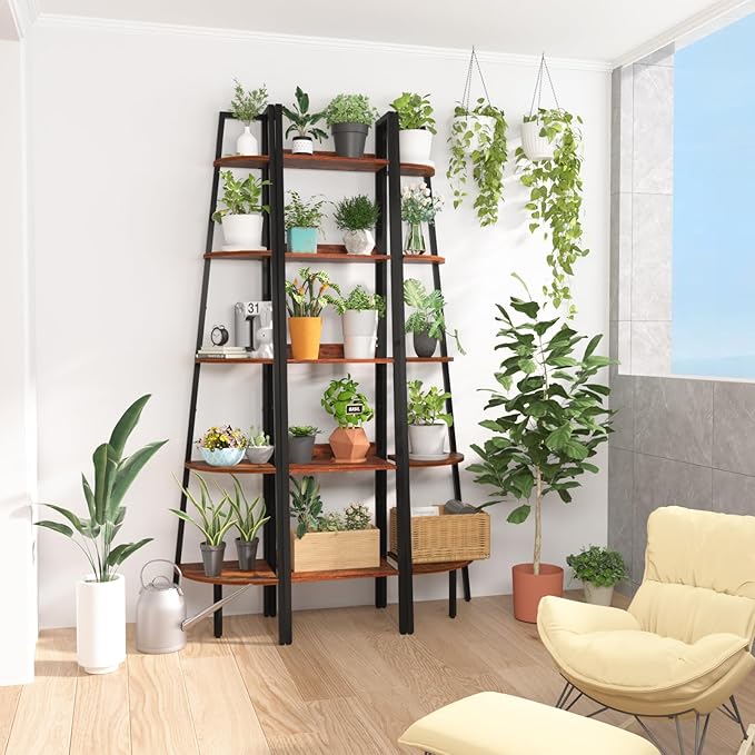 Yoobure Ladder Shelf, 5 Tier Tall Ladder Bookshelf Corner Shelf, Industrial Book Shelf Ladder Bookcase Narrow, Standing Storage Shelves Display Shelf for Bedroom Living Room Office Kitchen Bathroom - LeafyLoom