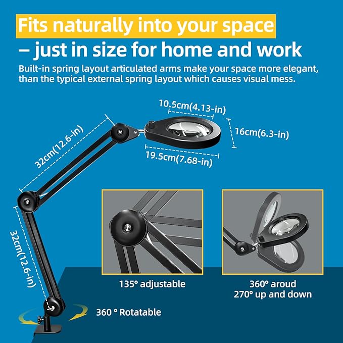 Magnifying Lamp, 10X Illuminated Magnifier Lamp with Internal Spring Swing Arm and Desk Edge Clamp - LeafyLoom