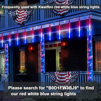 Kwaiffeo 4th of July Decorations Outdoor, Red White Blue Meteor Shower Lights for Independence National Memorial Day, Patriotic Flag Lights for 2024 American President Election Campaign, 8 Tubes Kwaiffeo