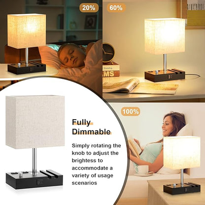 Bedside Lamps for Bedroom Set of 2, Kakanuo Fully Dimmable Small Beige Nightstand Lamps with USB C Ports and 2 Charging Outlets, Wooden Table Lamp with Phone Stands for Living Room, LED Bulbs Included - LeafyLoom