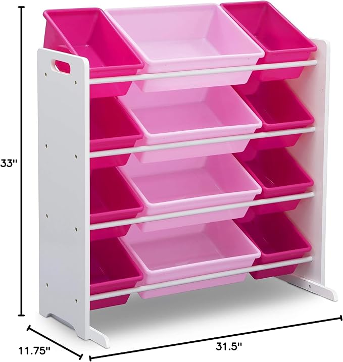 Delta Children Kids Toy Storage Organizer with 12 Plastic Bins - Greenguard Gold Certified, White/Pink - LeafyLoom