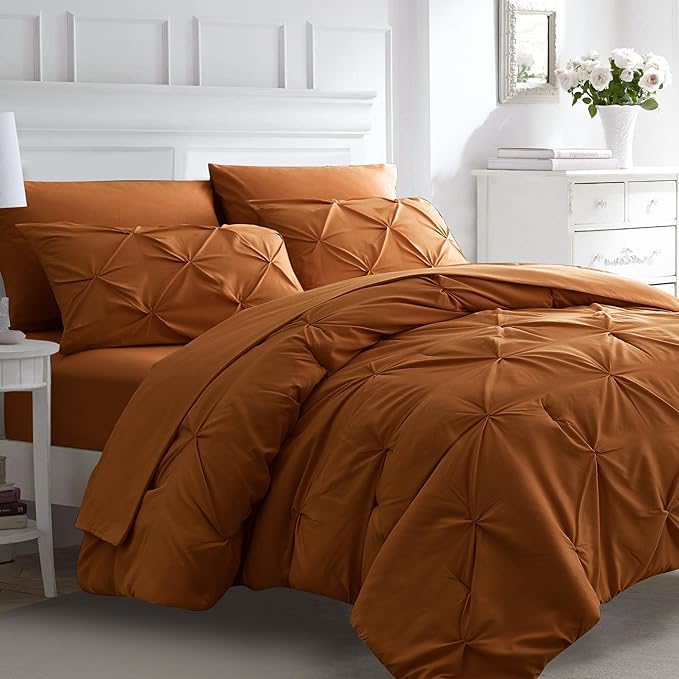 Ubauba 7pc Burnt Orange Queen Comforter Set, Rust 7 Piece Pintuck Bed in a Bag with Sheets, All Season Pinched Pleat Bedding Comforters & Sets,(Rustic, Queen Size) - LeafyLoom