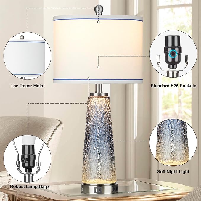 Glass Table Lamps for Living Room, 26" Modern Table Lamps with USB A+C Ports & AC Outlet, Touch Control Bedside Nightstand Lamp with Crystal Night Light for End Table Office Desk Blue(Bulbs Included) - LeafyLoom